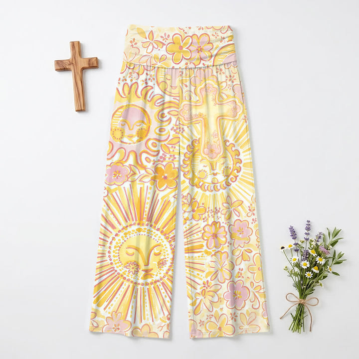 Christianartworkshop Boho-Hose mit weitem Bein und Sonnen-, Mond- und Kreuzmuster, verziert mit floralen Motiven, lässigem Faith-Motiv. - US22, UK/AU26, EU54 (6XL) - image 0