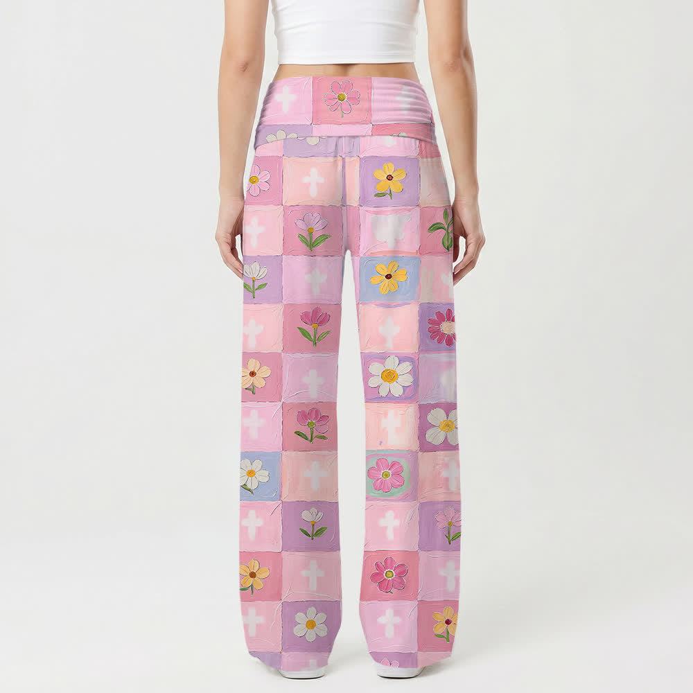 Christianartworkshop Pastellfarbene, karierte, florale Kreuz-Ölgemälde-Hose für Damen mit weitem Bein - image 2