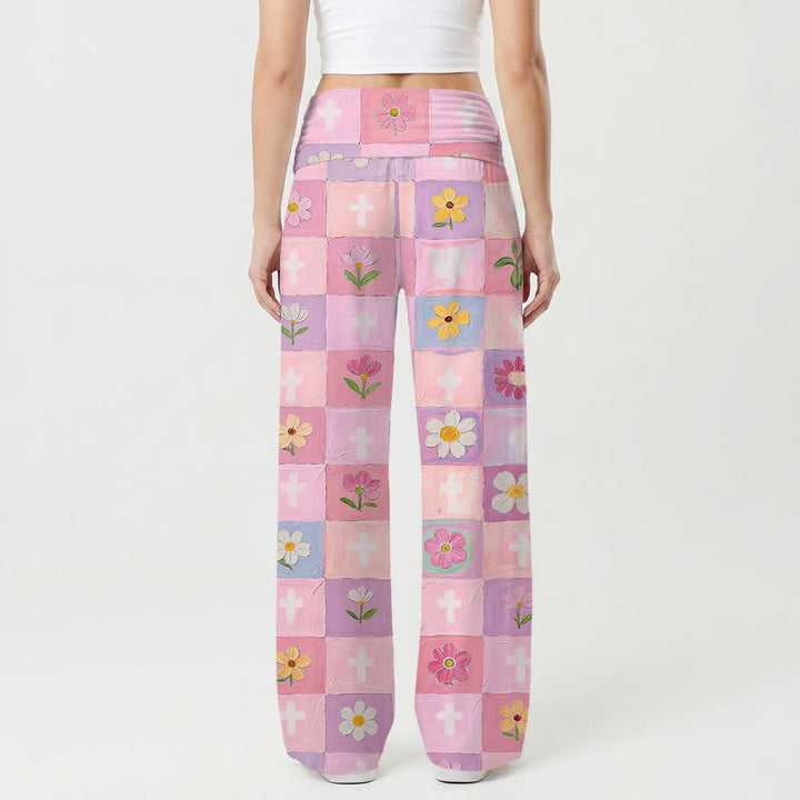 Christianartworkshop Pastellfarbene, karierte, florale Kreuz-Ölgemälde-Hose für Damen mit weitem Bein - image 2