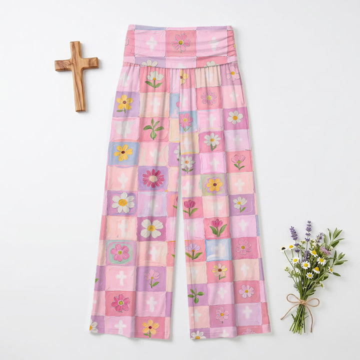 Christianartworkshop Pastellfarbene, karierte, florale Kreuz-Ölgemälde-Hose für Damen mit weitem Bein - US22, UK/AU26, EU54 (6XL) - image 0
