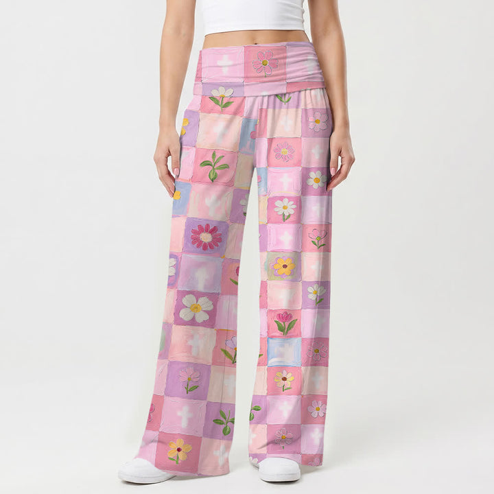 Christianartworkshop Pastellfarbene, karierte, florale Kreuz-Ölgemälde-Hose für Damen mit weitem Bein - image 1