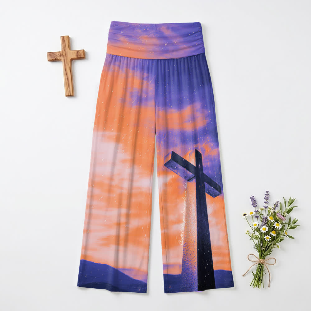 Christianartworkshop Sonnenuntergang, Berg, Sternenhimmel, Kreuz, Landschaftskunst, lässige Faith Damen-Hose mit weitem Bein - US22, UK/AU26, EU54 (6XL) - image 0