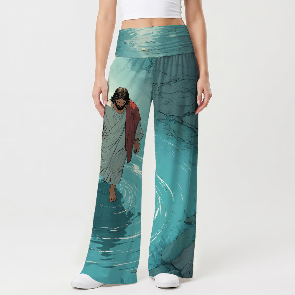 Christianartworkshop Jesus geht auf dem Wasser – Wellen auf dem See – Comic-Stil – Lässige Damenhose mit weitem Bein - image 1