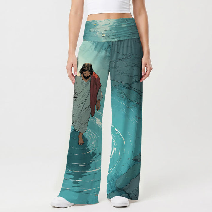 Christianartworkshop Jesus geht auf dem Wasser – Wellen auf dem See – Comic-Stil – Lässige Damenhose mit weitem Bein - image 1