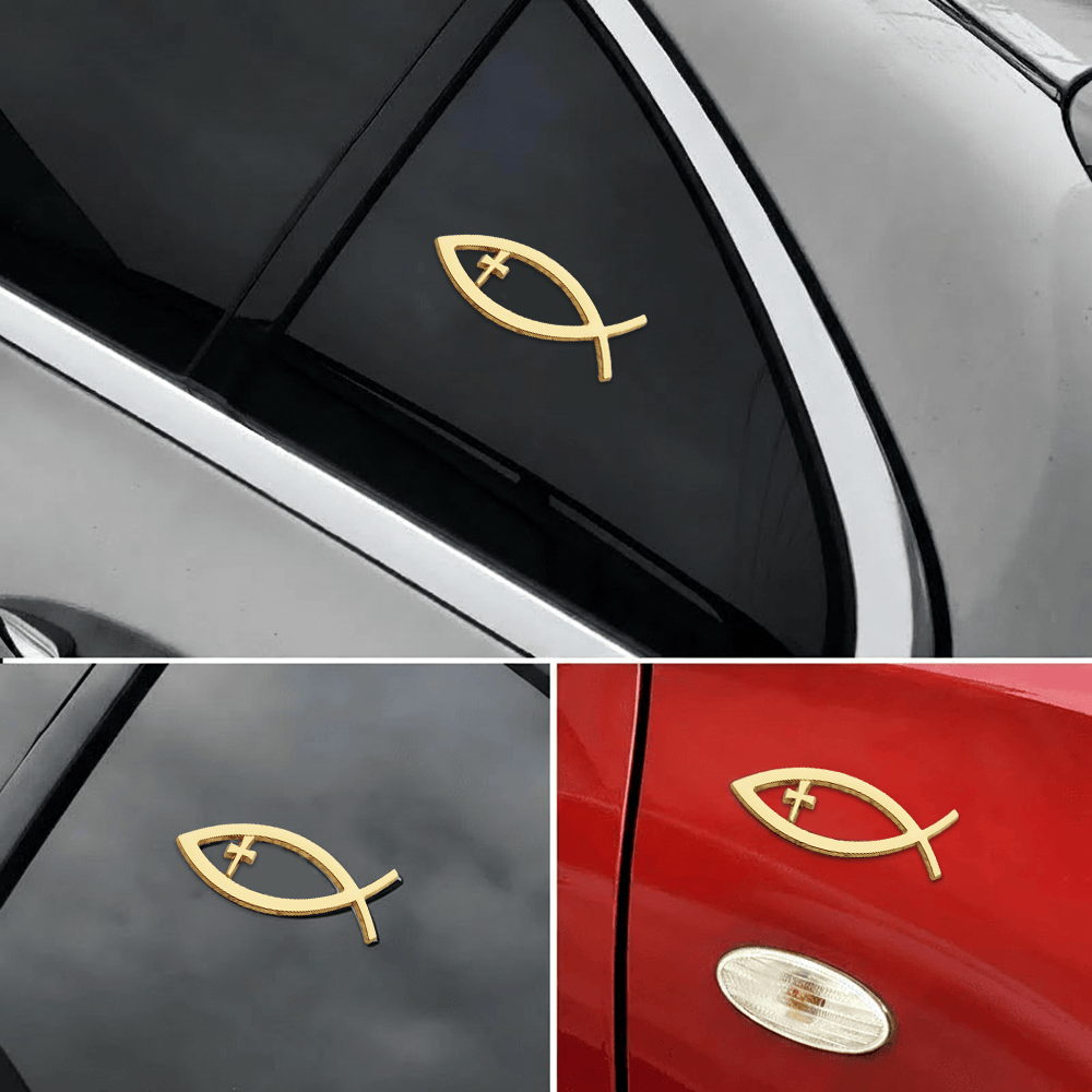 Christianartworkshop Autoaufkleber mit Ichthys-Hohlfisch-Rahmen und Kreuz: Ein Symbol für unerschütterlichen Glauben und Schutz auf der Reise - Golden - image 0