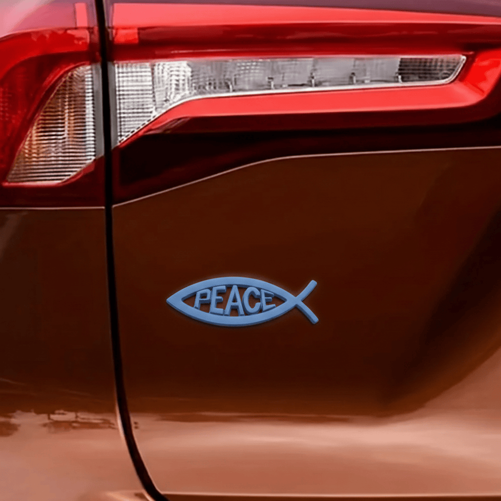 Christianartworkshop Autoaufkleber mit erhabenem „PEACE“-Schriftzug und hohlem Ichthys-Fischmotiv: Ein Symbol für himmlische Ruhe und sicheres Fahren - image 1