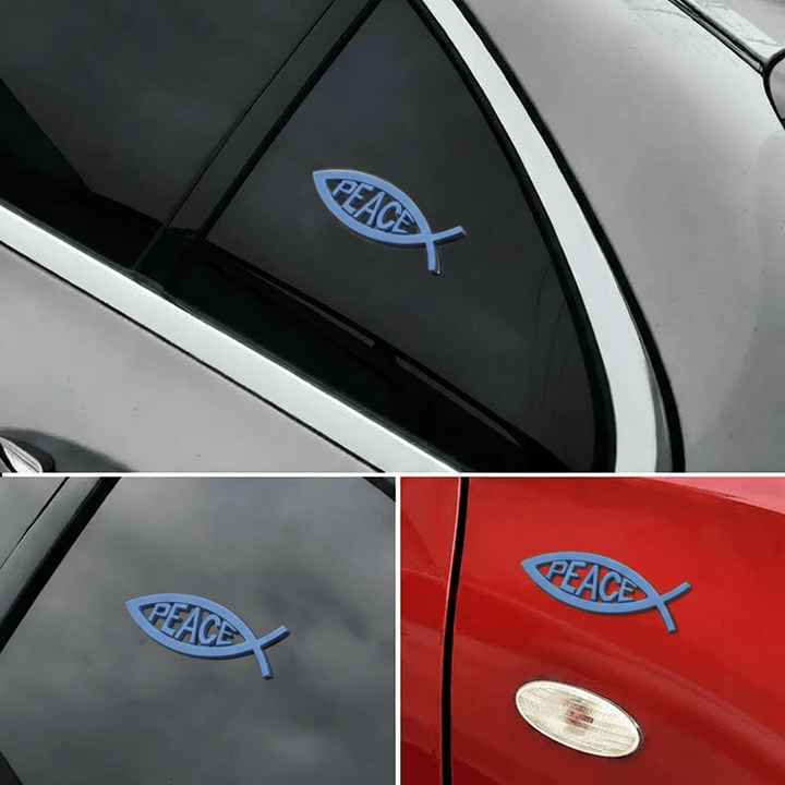 Christianartworkshop Autoaufkleber mit erhabenem „PEACE“-Schriftzug und hohlem Ichthys-Fischmotiv: Ein Symbol für himmlische Ruhe und sicheres Fahren - Blau - image 0