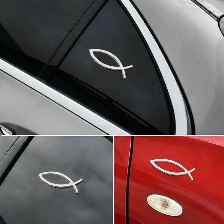 Minimalistischer Autoaufkleber „Hohler Ichthys-Fischumriss“ von Christianartworkshop : Ein Symbol für unerschütterlichen Glauben und göttlichen Schutz am Wegesrand - Silber - image 0