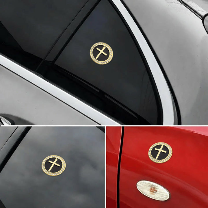 Christianartworkshop Strassbesetzter, runder Autoaufkleber mit erhabenem Kreuz: Ein Symbol göttlicher Gnade und umfassenden Reiseschutz - Gold & Schwarz - image 0