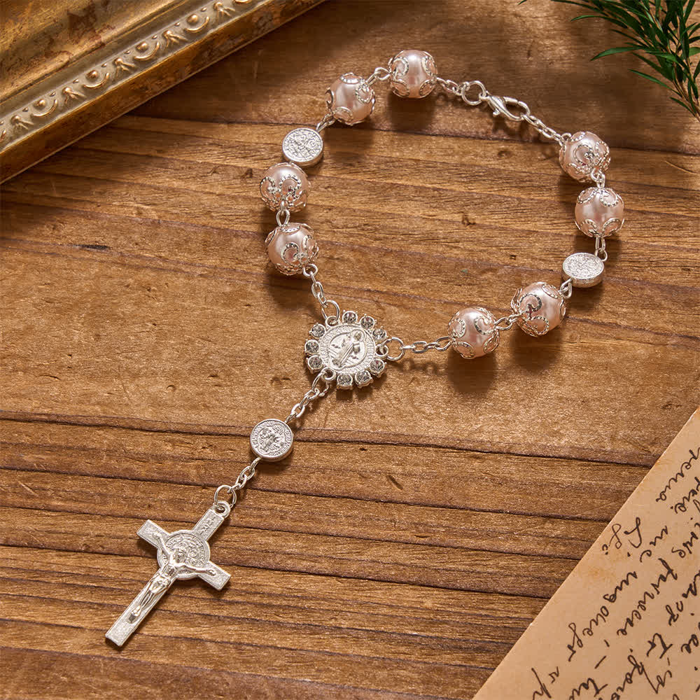 Christianartworkshop Rosenkranz mit filigranen, glänzenden Perlen und St.-Benedikt-Verschluss für Auto und Reise (auch in der Tasche) - Rosa - image 2
