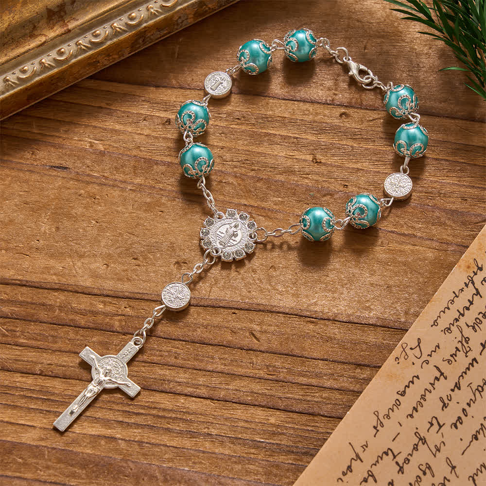 Christianartworkshop Rosenkranz mit filigranen, glänzenden Perlen und St.-Benedikt-Verschluss für Auto und Reise (auch in der Tasche) - Blau - image 3