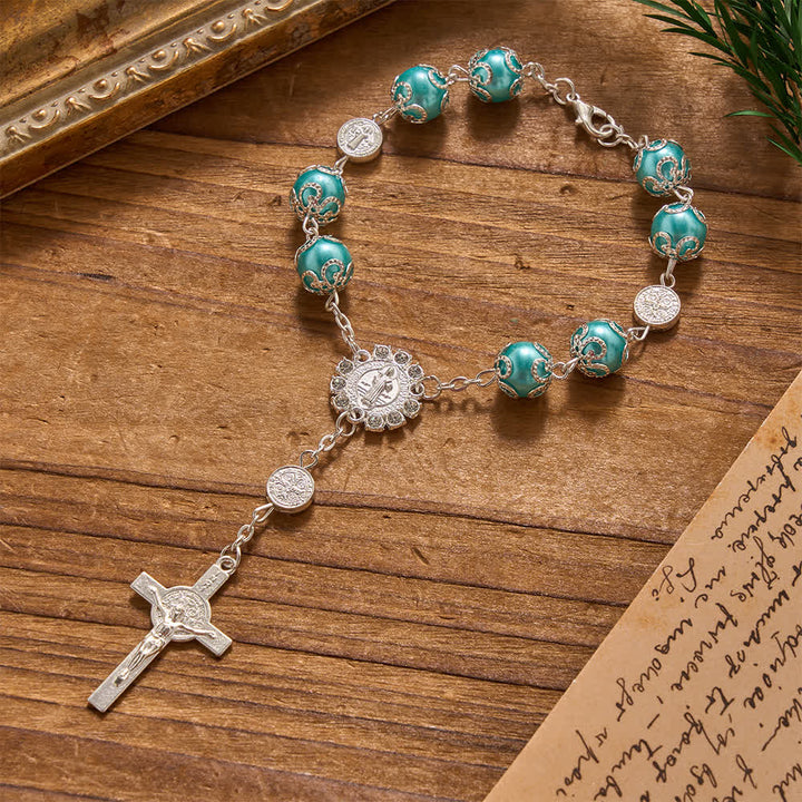 Christianartworkshop Rosenkranz mit filigranen, glänzenden Perlen und St.-Benedikt-Verschluss für Auto und Reise (auch in der Tasche) - Blau - image 3