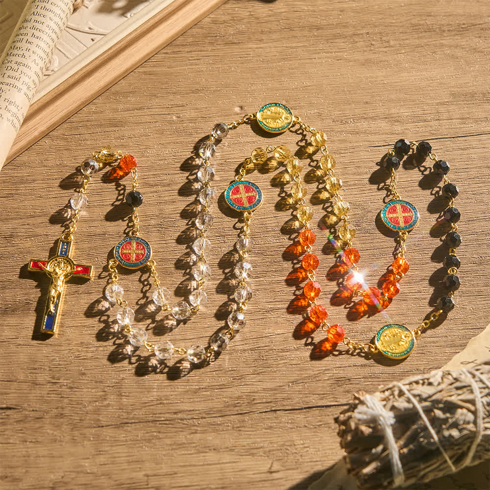 Christianartworkshop Strahlender, mehrfarbiger Rosenkranz aus Glas mit dem Motiv des Heiligen Benedikt: Für den Gottesdienst in der Kapelle und das tägliche Gebet in der Hand - Lebendiger St.-Benedikt-Rosenkranz - image 0