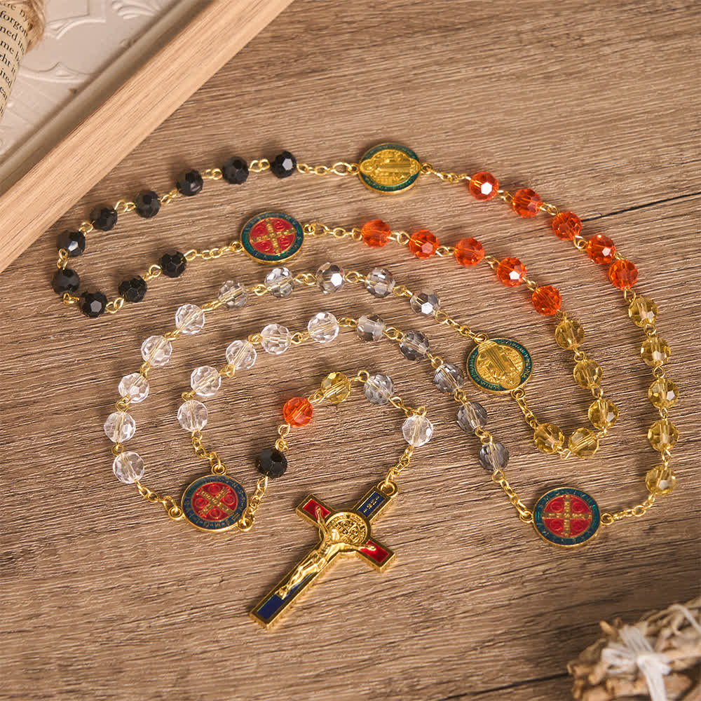 Christianartworkshop Strahlender, mehrfarbiger Rosenkranz aus Glas mit dem Motiv des Heiligen Benedikt: Für den Gottesdienst in der Kapelle und das tägliche Gebet in der Hand - image 1