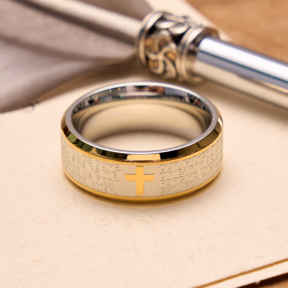 Christianartworkshop Ring aus Edelstahl mit tiefem Kreuz und Vaterunser: Symbol des unerschütterlichen Glaubens an den Himmel - Silber & Gold - US 13 - image 6