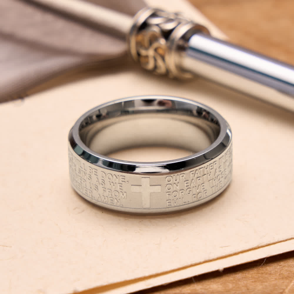 Christianartworkshop Ring aus Edelstahl mit tiefem Kreuz und Vaterunser: Symbol des unerschütterlichen Glaubens an den Himmel - Silber - US 13 - image 2