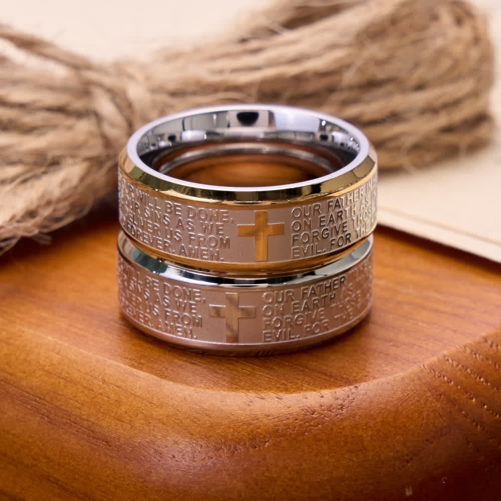Christianartworkshop Ring aus Edelstahl mit tiefem Kreuz und Vaterunser: Symbol des unerschütterlichen Glaubens an den Himmel - image 1