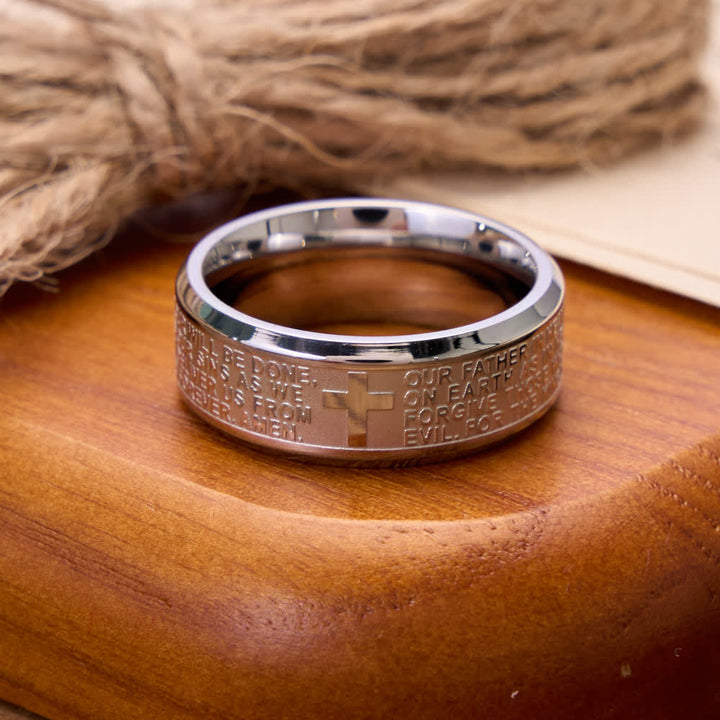 Christianartworkshop Ring aus Edelstahl mit tiefem Kreuz und Vaterunser: Symbol des unerschütterlichen Glaubens an den Himmel - image 4