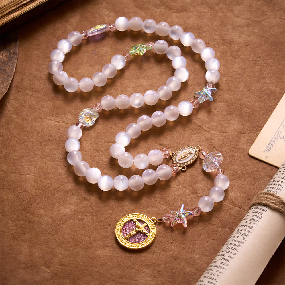 Christianartworkshop Rosenkranz mit sommerlichem Ozeanmotiv, mattierten Perlen, Seestern- und Fischanhängern aus Kristall - Rosenkranz mit Sommermotiven - image 0