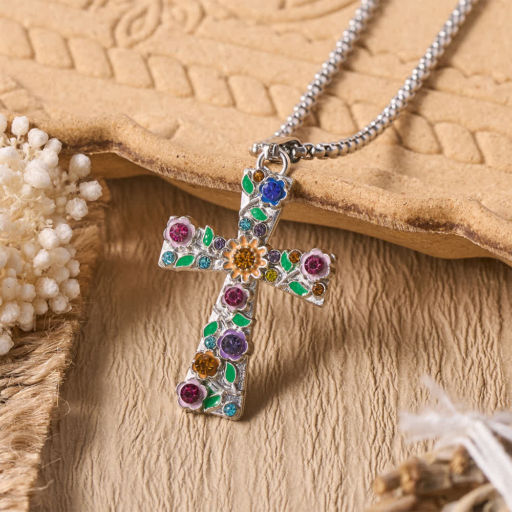Christianartworkshop Emaillierte, florale, mehrfarbige Zirkon-Kreuz-Halskette: Symbol strahlender himmlischer Hoffnung - Kreuz mit Pflanzenmotiv - image 0