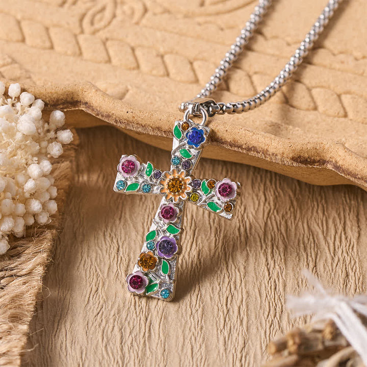 Christianartworkshop Emaillierte, florale, mehrfarbige Zirkon-Kreuz-Halskette: Symbol strahlender himmlischer Hoffnung - Kreuz mit Pflanzenmotiv - image 0