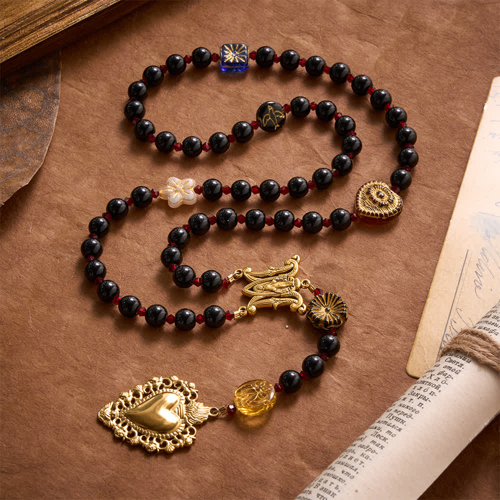 Christianartworkshop Vintage Rosenkranz mit schwarzem, rundem Rosenkranzmotiv, Wundermedaille und Kristallzwischenstücken. - Rosenkranz mit Herz-Jesu-Motiv - image 0