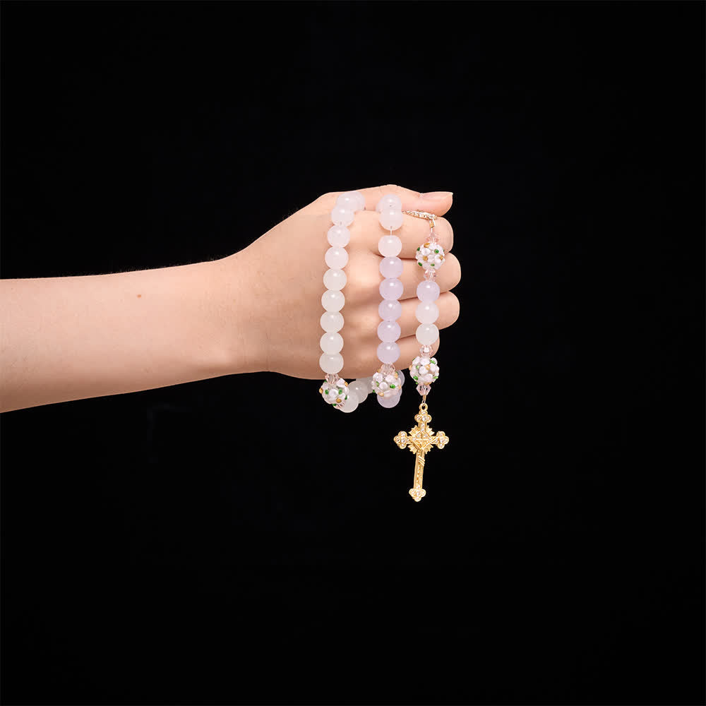 Christianartworkshop Rosenkranz aus Glasperlen mit Farbverlauf in Rosa, Lavendel und Milchweiß, verziert mit Strasskreuz und Marienmedaille - image 1