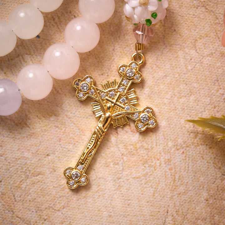 Christianartworkshop Rosenkranz aus Glasperlen mit Farbverlauf in Rosa, Lavendel und Milchweiß, verziert mit Strasskreuz und Marienmedaille - image 8