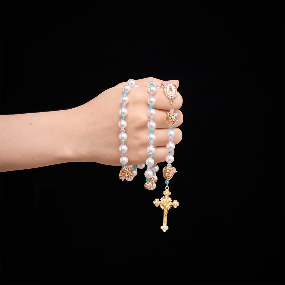 Christianartworkshop Glänzender Rosenkranz aus Imitationsperlen mit Strass-Schwanenherz-Anhängern, Marienmedaille und juwelenbesetztem Kruzifix - image 1