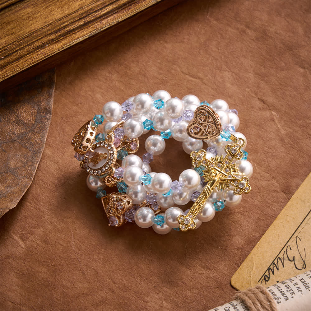 Christianartworkshop Glänzender Rosenkranz aus Imitationsperlen mit Strass-Schwanenherz-Anhängern, Marienmedaille und juwelenbesetztem Kruzifix - image 4