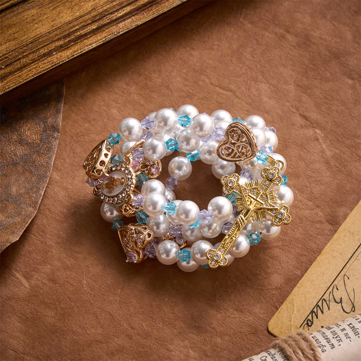Christianartworkshop Glänzender Rosenkranz aus Imitationsperlen mit Strass-Schwanenherz-Anhängern, Marienmedaille und juwelenbesetztem Kruzifix - image 4