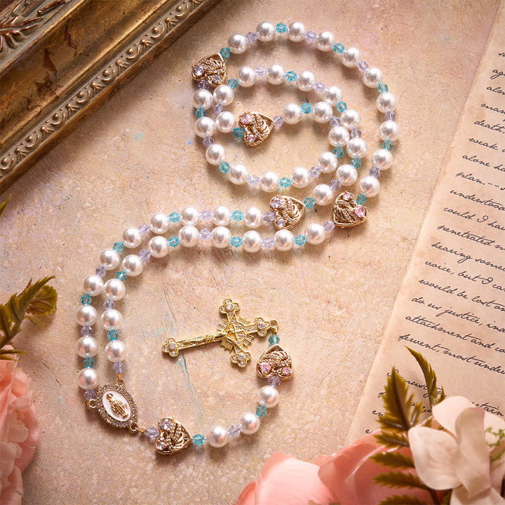 Christianartworkshop Glänzender Rosenkranz aus Imitationsperlen mit Strass-Schwanenherz-Anhängern, Marienmedaille und juwelenbesetztem Kruzifix - image 2