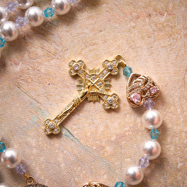 Christianartworkshop Glänzender Rosenkranz aus Imitationsperlen mit Strass-Schwanenherz-Anhängern, Marienmedaille und juwelenbesetztem Kruzifix - image 7