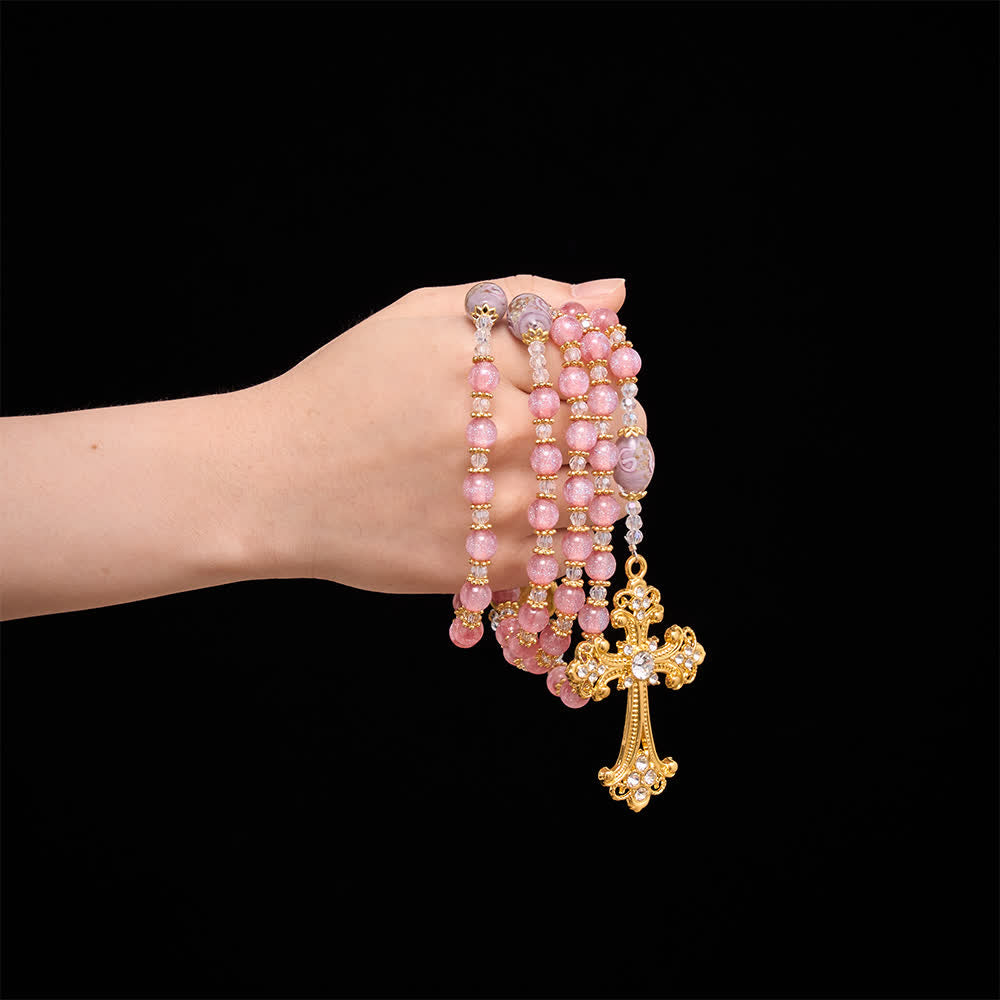 Christianartworkshop Luxuriöser rosa Glitzer-Rosenkranz aus Glasperlen mit floralem Muster, Herzmedaillon mit Mariä-Herzanhänger und goldenem Kreuz: Symbol sanfter himmlischer Reinheit - image 1