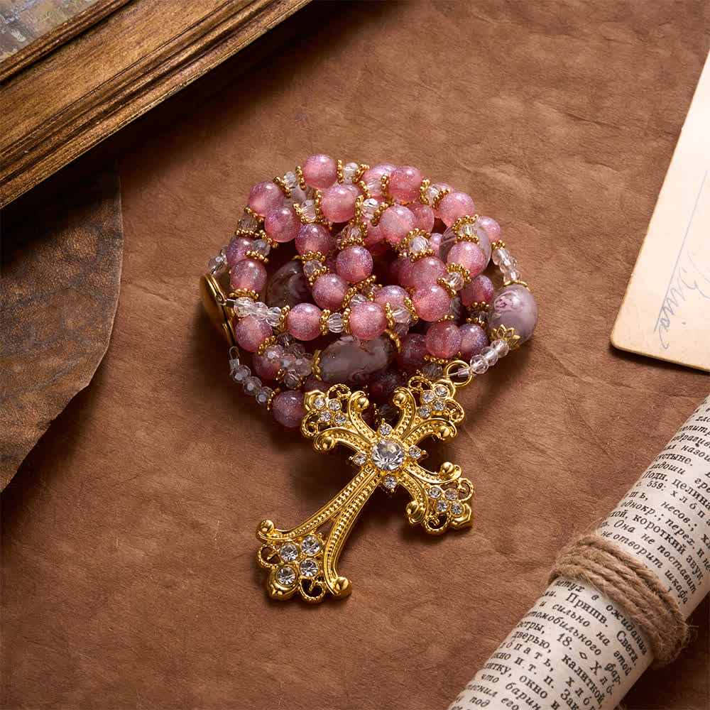Christianartworkshop Luxuriöser rosa Glitzer-Rosenkranz aus Glasperlen mit floralem Muster, Herzmedaillon mit Mariä-Herzanhänger und goldenem Kreuz: Symbol sanfter himmlischer Reinheit - image 4