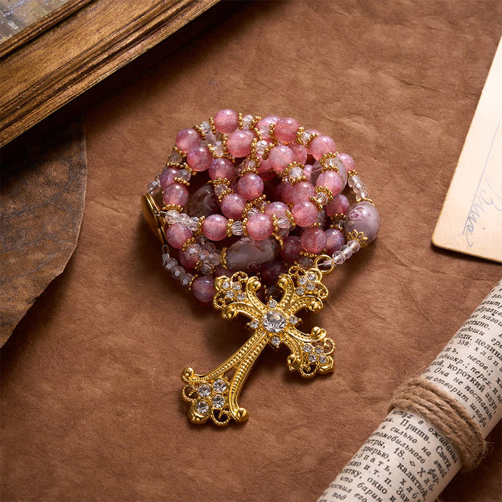 Christianartworkshop Luxuriöser rosa Glitzer-Rosenkranz aus Glasperlen mit floralem Muster, Herzmedaillon mit Mariä-Herzanhänger und goldenem Kreuz: Symbol sanfter himmlischer Reinheit - image 4