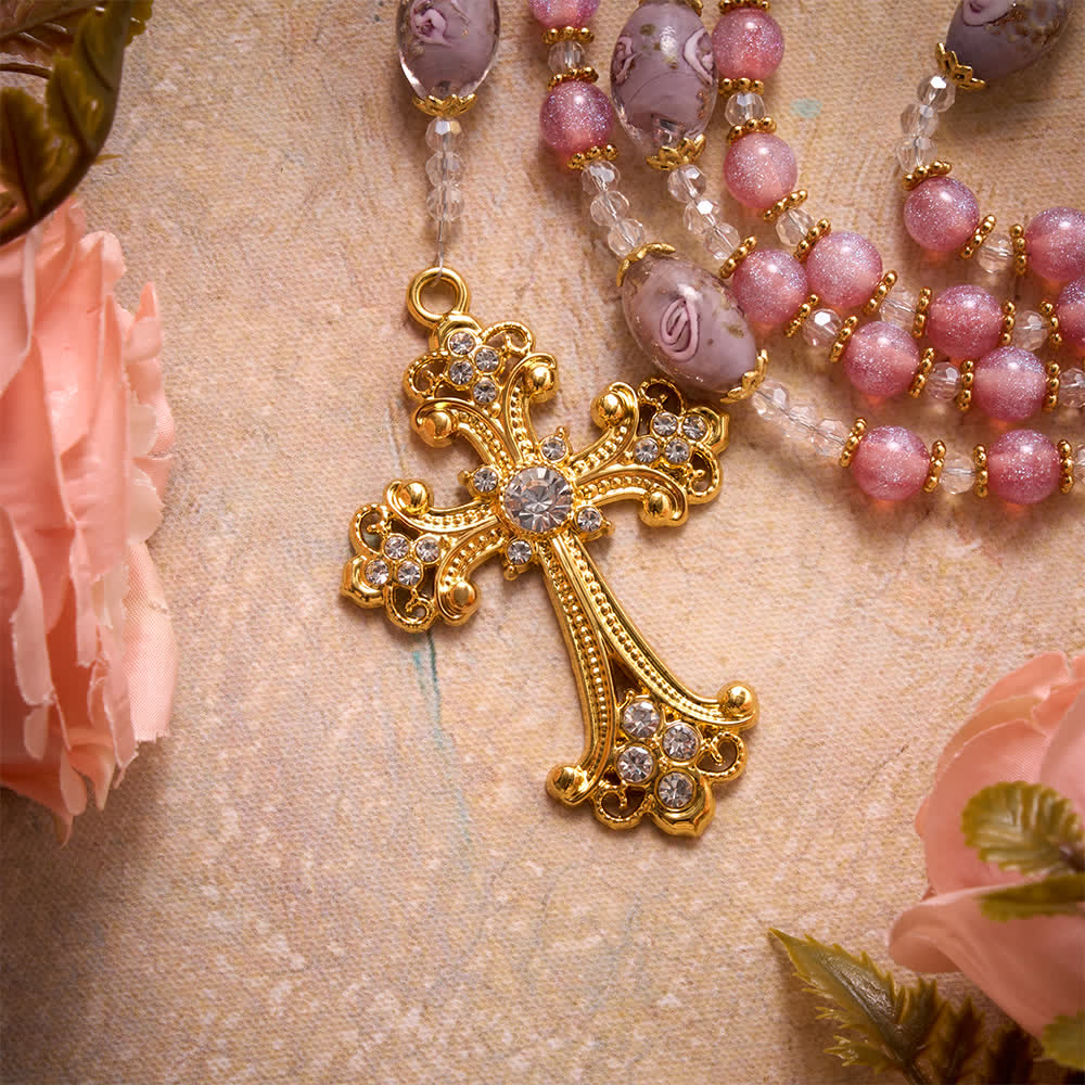 Christianartworkshop Luxuriöser rosa Glitzer-Rosenkranz aus Glasperlen mit floralem Muster, Herzmedaillon mit Mariä-Herzanhänger und goldenem Kreuz: Symbol sanfter himmlischer Reinheit - image 7