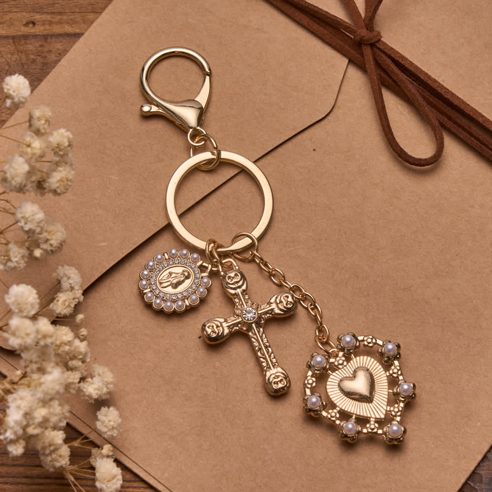 Christianartworkshop Vintage-Schlüsselanhänger mit juwelenbesetztem Kreuz und Perlenrand, Marienmedaille und filigranem Herz-Jesu-Anhänger - Unsere Liebe Frau und das Kreuz - image 0
