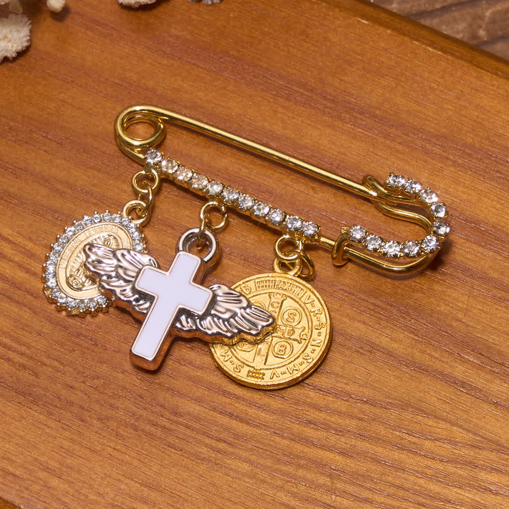 Christianartworkshop Strassbrosche mit baumelnden Anhängern der Muttergottes, des Kreuzes und des Heiligen Benedikt: Symbol sanften himmlischen Schutzes - Der heilige Benedikt - image 3