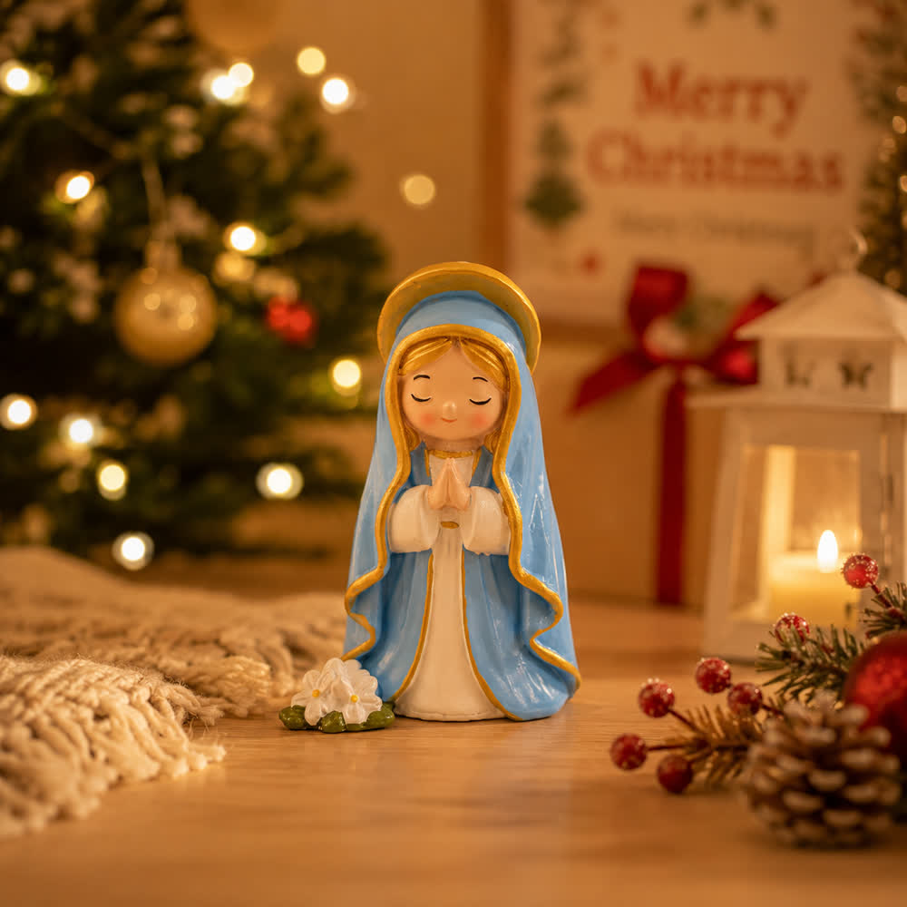 Christianartworkshop Chibi-Figur „Betende Jungfrau Maria mit geschlossenen Augen“, handbemalt aus Kunstharz mit floralem Sockel - image 2