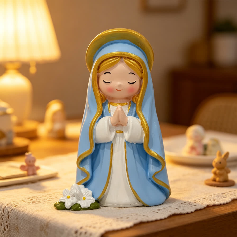 Christianartworkshop Chibi-Figur „Betende Jungfrau Maria mit geschlossenen Augen“, handbemalt aus Kunstharz mit floralem Sockel - Jungfrau Maria im Q-Stil - image 0