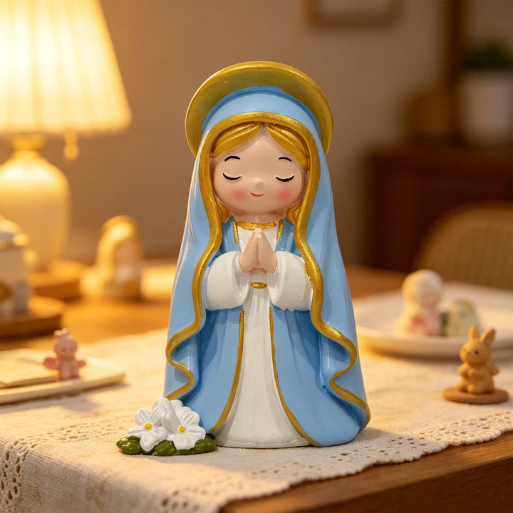 Christianartworkshop Chibi-Figur „Betende Jungfrau Maria mit geschlossenen Augen“, handbemalt aus Kunstharz mit floralem Sockel - Jungfrau Maria im Q-Stil - image 0