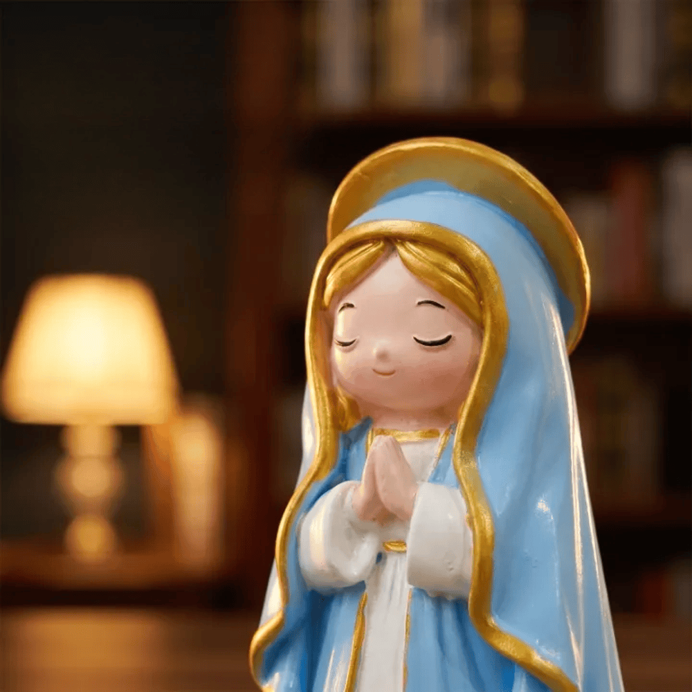 Christianartworkshop Chibi-Figur „Betende Jungfrau Maria mit geschlossenen Augen“, handbemalt aus Kunstharz mit floralem Sockel - image 1