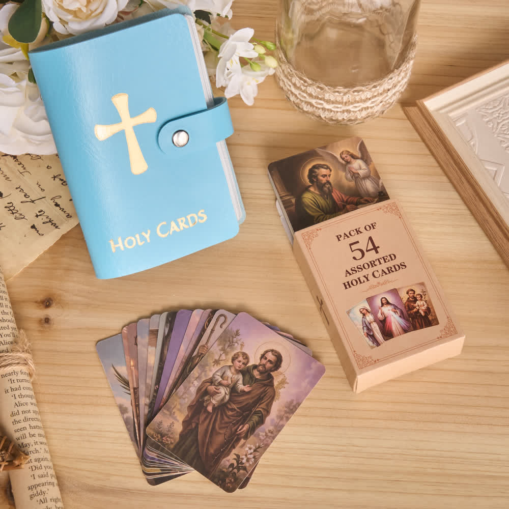 Christianartworkshop Mehrfarbiges Heiligenbildalbum aus Leder mit Kreuzmotiv und 54 Heiligenporträtkarten - Blau - Mit Karten - image 12