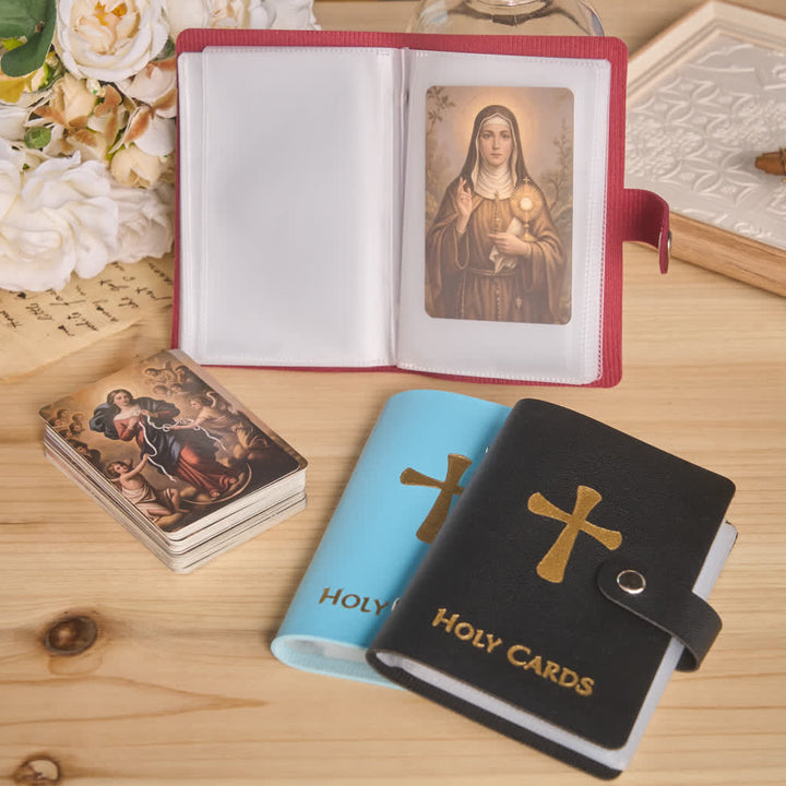 Christianartworkshop Mehrfarbiges Heiligenbildalbum aus Leder mit Kreuzmotiv und 54 Heiligenporträtkarten - image 0
