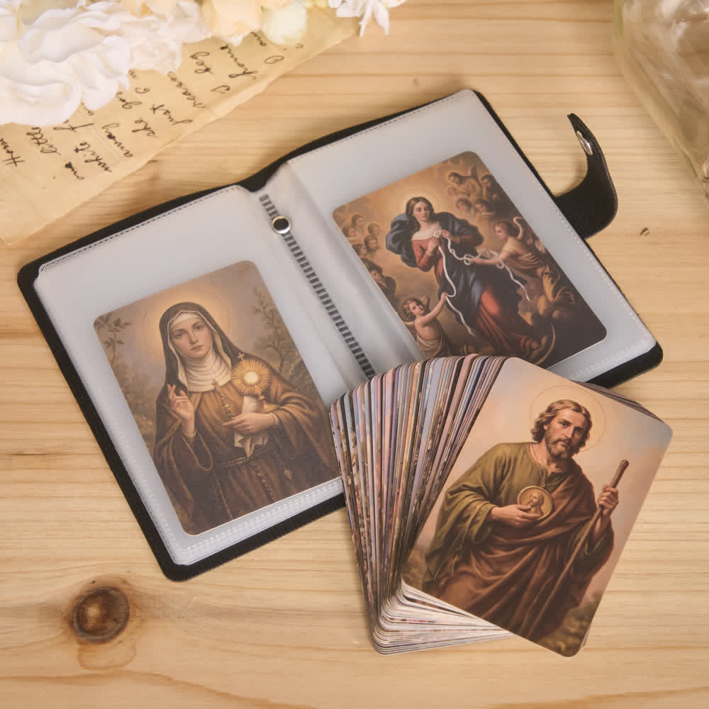 Christianartworkshop Mehrfarbiges Heiligenbildalbum aus Leder mit Kreuzmotiv und 54 Heiligenporträtkarten - image 6