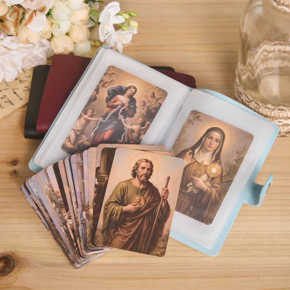 Christianartworkshop Mehrfarbiges Heiligenbildalbum aus Leder mit Kreuzmotiv und 54 Heiligenporträtkarten - image 8