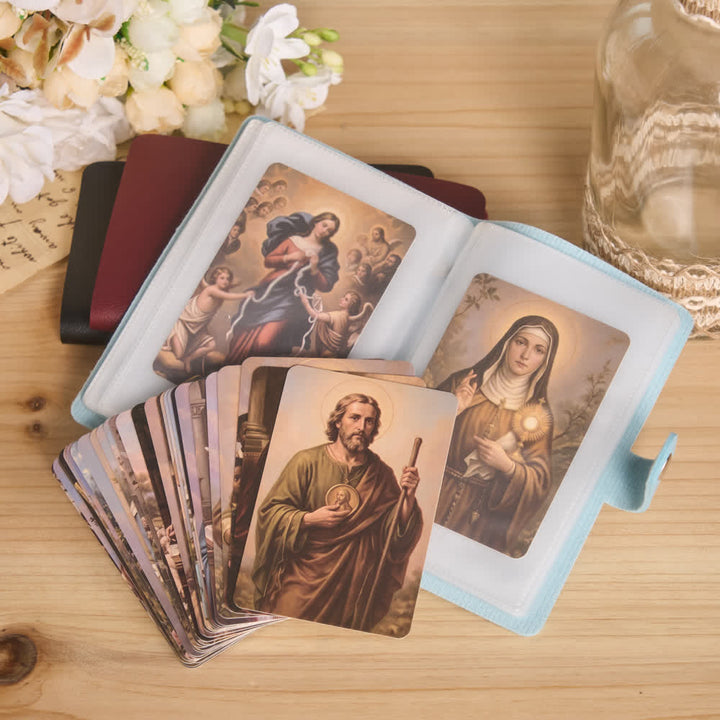 Christianartworkshop Mehrfarbiges Heiligenbildalbum aus Leder mit Kreuzmotiv und 54 Heiligenporträtkarten - image 8