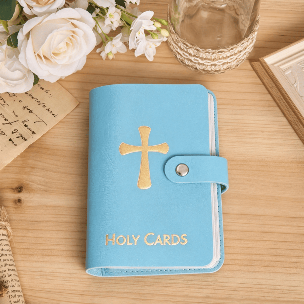 Christianartworkshop Mehrfarbiges Heiligenbildalbum aus Leder mit Kreuzmotiv und 54 Heiligenporträtkarten - Blau - Keine Karten - image 13