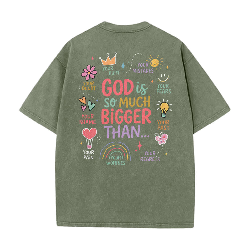 Christianartworkshop Gott ist so viel größer als mehrfarbiges Doodle-Doppeldruck-Vintage-Washed-T-Shirt - image 1